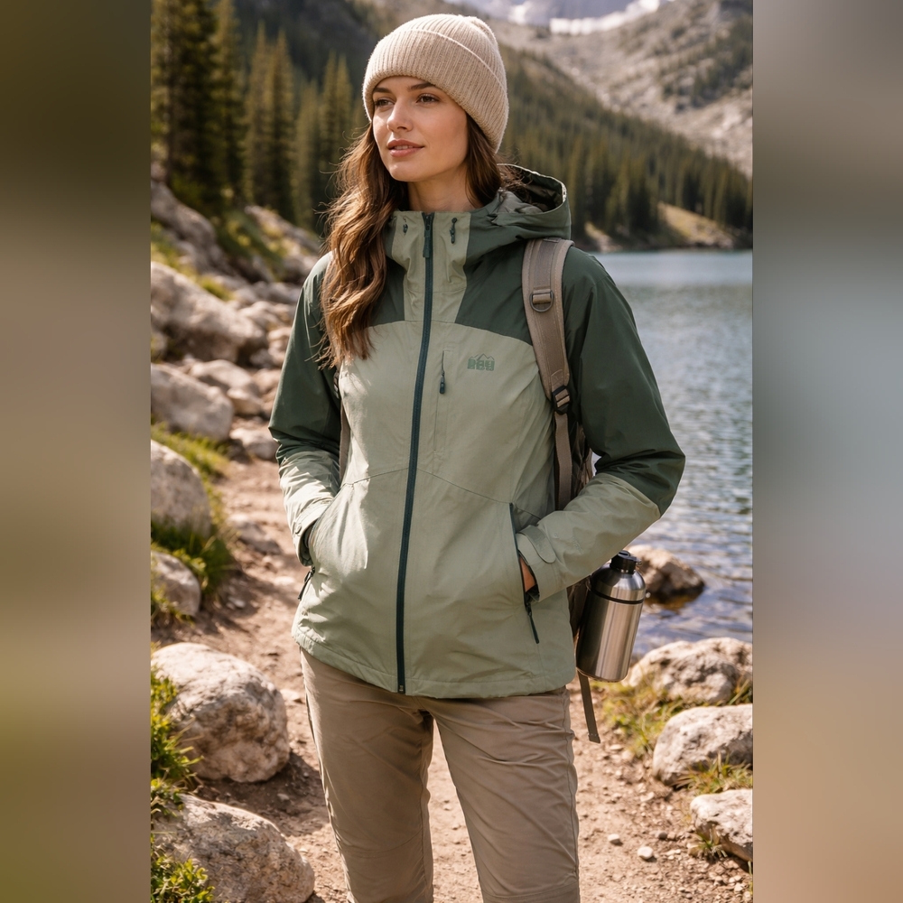 REI Co-op GORE-TEX Waterproof Jacket Women’s XL Two-Tone Green Hooded Rain Shell